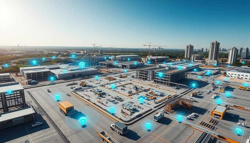 A visually compelling BLE beacons coverage map, illustrating wireless signal strength and overlap across a construction site. The foreground features distinct beacons marked by small icons, each emitting a soft blue glow to represent their coverage area. In the middle ground, a detailed layout of a jobsite is visible, showcasing various workstations, gateways, and tags with well-defined paths indicating connectivity. The background includes a clear sky and distant buildings, hinting at an urban environment. The lighting is bright and natural, enhancing visibility, with an emphasis on a professional atmosphere. The angle is slightly elevated, providing a panoramic view of the entire scene. The overall mood is collaborative and innovative, ideal for a modern workplace setting.