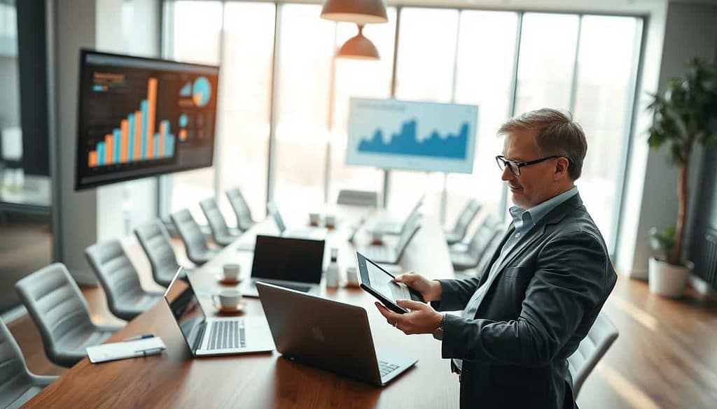 A visually engaging scene illustrating "Productivity Impact Analysis" set in a modern office environment. In the foreground, a professional business analyst, a middle-aged person wearing smart casual attire, is intently analyzing data on a digital tablet, surrounded by charts and graphs displayed on a large screen. The middle layer shows a sleek conference table with laptops, coffee cups, and notes scattered about, symbolizing teamwork and collaboration. In the background, large windows let in soft, natural light, creating a bright and inspirational atmosphere. The lens captures a slightly elevated angle, focusing on the analyst while softening the background, adding depth to the composition. The overall mood is one of concentration and innovation, emphasizing productivity enhancements through diagnostics.