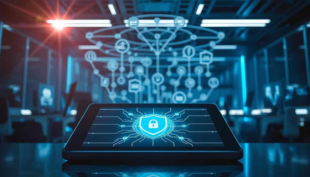 A visually striking depiction of OTA (Over-The-Air) updates illustrating security and privacy in a digital landscape. In the foreground, a futuristic tablet displays a security shield icon surrounded by glowing circuit patterns, symbolizing safe software updates. The middle ground features ethereal data streams connecting various smart devices, like IoT sensors and wearables, all monitored under a secure digital canopy of a network diagram. The background showcases a serene tech office, dimly lit with blue LED lights, conveying a safe and advanced atmosphere. A subtle lens flare adds a sense of innovation, while the overall mood reflects confidence and sophistication in technology-driven security. No human subjects present, ensuring focus on the technology.