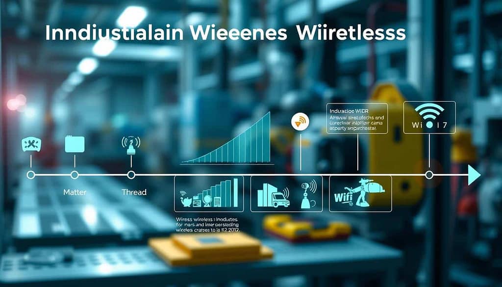 A visually striking infographic illustrating the timeline of industrial wireless technology adoption. In the foreground, a sleek, modern digital timeline highlights key milestones, each represented by distinct icons symbolizing Matter, Thread, Bluetooth 5.4 PAwR, and Wi-Fi 7. The middle layer features stylized graphs and charts showing growth trajectories, superimposed on images of wireless devices and tools in action, showcasing industrial applications. The background consists of a blurred, high-tech industrial environment with machinery and tools. Soft, ambient lighting enhances the futuristic feel, while a slight lens flare adds dynamism. The color scheme is a blend of blues and greens, conveying a sense of innovation and progress. The overall atmosphere is professional and forward-thinking, reflecting advancements in the wireless industry.