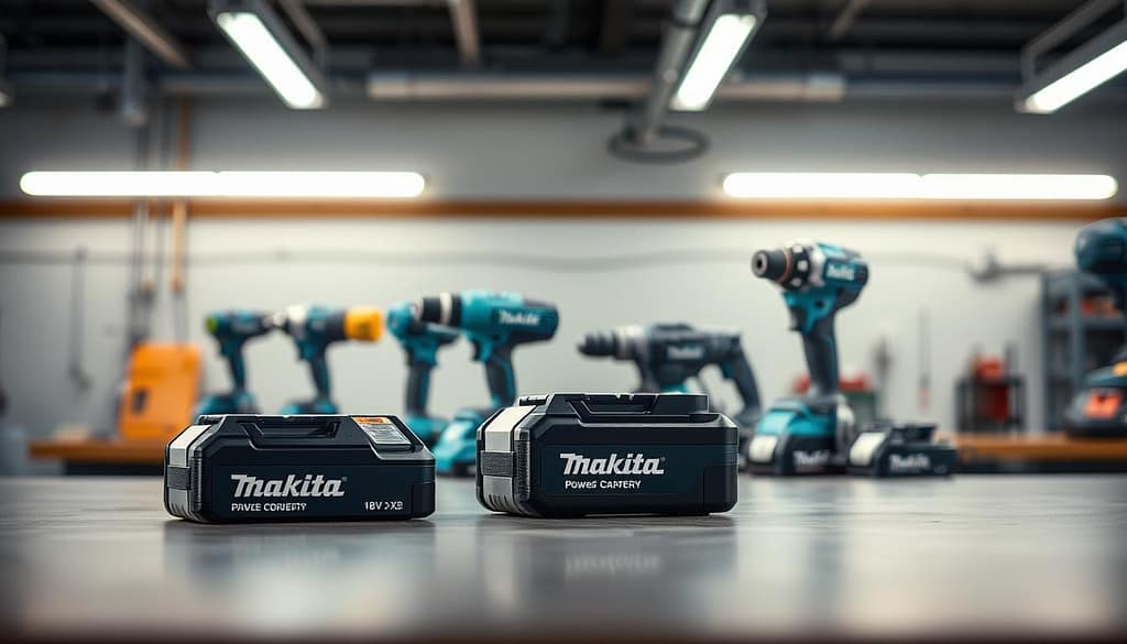 A detailed analysis of the Makita 18V X2 Dual Battery System, featuring a modern workbench as the foreground, with two Makita batteries prominently displayed, highlighting their dual setup. In the middle, include high-quality tools powered by these batteries, showcasing innovative cordless models that emphasize performance. The background should feature a clean, industrial workspace with soft ambient lighting illuminating the tools and batteries, creating sharp, defined shadows to enhance depth. The lens should be a shallow depth of field, focusing closely on the batteries and tools while softly blurring the background. The overall atmosphere should be professional and technical, conveying a sense of modern engineering and innovation in cordless power solutions.