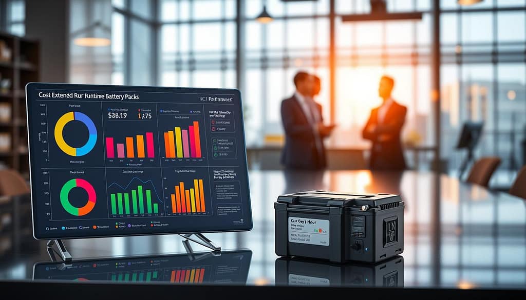 A detailed and informative cost-per-hour analysis concept for extended runtime battery packs, showcasing a sleek, modern workspace. In the foreground, a digital infographic displays a breakdown of costs, featuring colorful pie charts, graphs, and icons related to battery usage. The middle layer includes a high-capacity battery pack displayed prominently on a polished desk, with technical labels highlighting its specifications. In the background, a soft-focus view of engineers in professional business attire discussing performance metrics, illuminated by warm, natural light filtering through large windows. The overall mood should be focused and analytical, conveying a sense of innovation and efficiency in heavy-duty applications, with a shallow depth of field to enhance the foreground details. A detailed and informative cost-per-hour analysis concept for extended runtime battery packs, showcasing a sleek, modern workspace. In the foreground, a digital infographic displays a breakdown of costs, featuring colorful pie charts, graphs, and icons related to battery usage. The middle layer includes a high-capacity battery pack displayed prominently on a polished desk, with technical labels highlighting its specifications. In the background, a soft-focus view of engineers in professional business attire discussing performance metrics, illuminated by warm, natural light filtering through large windows. The overall mood should be focused and analytical, conveying a sense of innovation and efficiency in heavy-duty applications, with a shallow depth of field to enhance the foreground details.