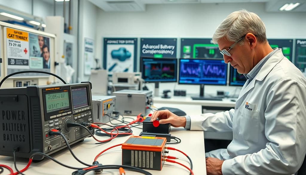 A detailed laboratory scene featuring a technician in professional attire conducting a battery power delivery consistency analysis. In the foreground, the technician is focused on a digital multimeter and oscilloscope connected to a battery, showcasing data readings. The middle ground displays various advanced battery cells and testing equipment, with cables and connectors neatly arranged. The background features a modern laboratory setting with sleek workbenches, scientific posters about battery technology, and computer screens displaying graphs of power delivery metrics. The lighting is bright and clinical, emphasizing the seriousness of the testing environment. The mood is one of precision and expertise, highlighting the importance of accurate analysis in battery performance. A detailed laboratory scene featuring a technician in professional attire conducting a battery power delivery consistency analysis. In the foreground, the technician is focused on a digital multimeter and oscilloscope connected to a battery, showcasing data readings. The middle ground displays various advanced battery cells and testing equipment, with cables and connectors neatly arranged. The background features a modern laboratory setting with sleek workbenches, scientific posters about battery technology, and computer screens displaying graphs of power delivery metrics. The lighting is bright and clinical, emphasizing the seriousness of the testing environment. The mood is one of precision and expertise, highlighting the importance of accurate analysis in battery performance.