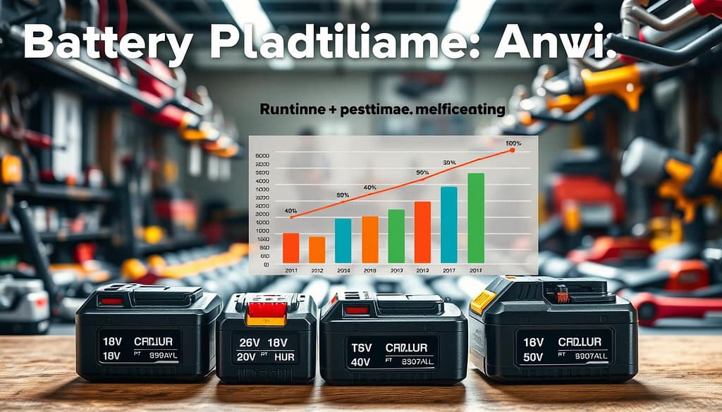 A dynamic visual representation of battery platform analysis focused on amp-hour ratings for cordless tools. In the foreground, a diverse range of cordless batteries labeled 18V, 20V, 40V, and 60V, each displaying clear amp-hour values on their faces. The middle ground features a detailed graph comparing runtime and performance metrics for these battery systems, with a mix of colored bars and icons indicating efficiency. The background showcases a well-lit workshop environment, highlighting tools in use, with tools extending toward the viewer, creating depth. The lighting is bright and focused, emphasizing the batteries and graph, with realistic shadows for added depth. The mood is professional and informative, conveying a sense of technological advancement and practicality. A dynamic visual representation of battery platform analysis focused on amp-hour ratings for cordless tools. In the foreground, a diverse range of cordless batteries labeled 18V, 20V, 40V, and 60V, each displaying clear amp-hour values on their faces. The middle ground features a detailed graph comparing runtime and performance metrics for these battery systems, with a mix of colored bars and icons indicating efficiency. The background showcases a well-lit workshop environment, highlighting tools in use, with tools extending toward the viewer, creating depth. The lighting is bright and focused, emphasizing the batteries and graph, with realistic shadows for added depth. The mood is professional and informative, conveying a sense of technological advancement and practicality.