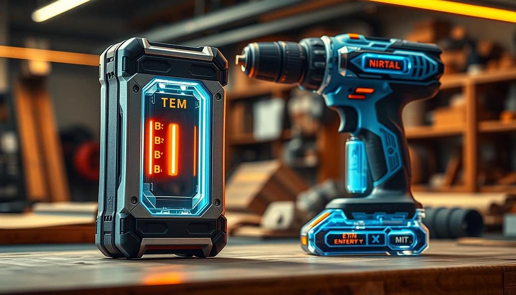 A futuristic, high-tech battery pack displaying improved temperature performance features prominently in the foreground. The battery is designed with sleek, metallic casing and glowing temperature indicators, symbolizing efficiency and innovation. In the middle ground, a power tool, like a cordless drill, showcases a transparent housing revealing the advanced battery technology inside, emphasizing heat dissipation mechanisms such as cooling fins and thermal sensors. The background features a modern workshop environment with warm, ambient lighting, highlighting the tools and technology of 2024. The overall atmosphere is dynamic and professional, conveying a sense of innovation and energy efficiency in power tools. The image should be captured from a slightly elevated angle, accentuating the advanced design elements of both the battery and power tool, with a focus on clarity and detail. A futuristic, high-tech battery pack displaying improved temperature performance features prominently in the foreground. The battery is designed with sleek, metallic casing and glowing temperature indicators, symbolizing efficiency and innovation. In the middle ground, a power tool, like a cordless drill, showcases a transparent housing revealing the advanced battery technology inside, emphasizing heat dissipation mechanisms such as cooling fins and thermal sensors. The background features a modern workshop environment with warm, ambient lighting, highlighting the tools and technology of 2024. The overall atmosphere is dynamic and professional, conveying a sense of innovation and energy efficiency in power tools. The image should be captured from a slightly elevated angle, accentuating the advanced design elements of both the battery and power tool, with a focus on clarity and detail.