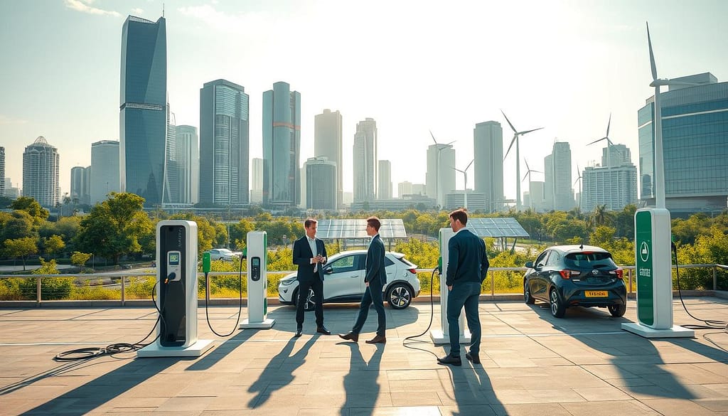 A futuristic urban landscape depicting advanced charging infrastructure, set against a backdrop of skyscrapers and green spaces. In the foreground, professional workers in business attire are engaged in discussions around sleek charging stations for electric tools, showcasing modern design and technology. The middle ground features electric vehicles plugged into these stations, integrated seamlessly into the city environment. The skyline is dotted with solar panels and wind turbines, illustrating sustainable energy solutions. The scene is bathed in warm afternoon sunlight, casting long shadows and creating a vibrant, optimistic atmosphere. Wide-angle perspective enhances the sense of scale and innovation, inviting the viewer to envision a smart, eco-friendly future. A futuristic urban landscape depicting advanced charging infrastructure, set against a backdrop of skyscrapers and green spaces. In the foreground, professional workers in business attire are engaged in discussions around sleek charging stations for electric tools, showcasing modern design and technology. The middle ground features electric vehicles plugged into these stations, integrated seamlessly into the city environment. The skyline is dotted with solar panels and wind turbines, illustrating sustainable energy solutions. The scene is bathed in warm afternoon sunlight, casting long shadows and creating a vibrant, optimistic atmosphere. Wide-angle perspective enhances the sense of scale and innovation, inviting the viewer to envision a smart, eco-friendly future.