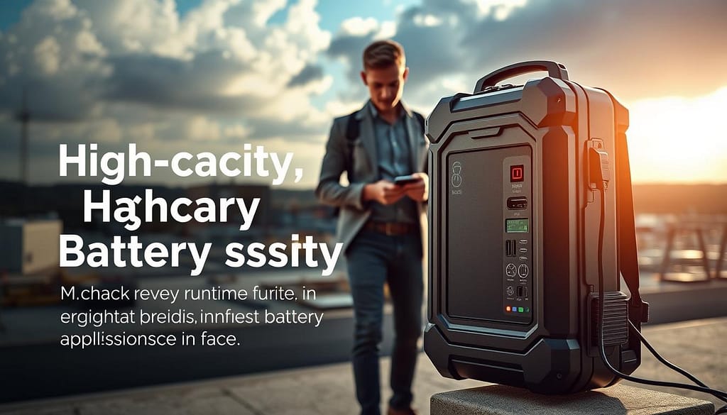 A high-capacity backpack battery system, prominently displayed in the foreground, designed for heavy-duty applications. The backpack is sleek and modern, with a rugged, ergonomic design showcasing multiple outlets and indicators of battery life. In the middle ground, a professional individual in modest casual clothing examines the backpack, interacting with its features, while standing on an outdoor site, suggesting practical use. The background reveals a panoramic view of an industrial landscape, with sunlight filtering through clouds, creating a dynamic contrast between light and shadow. The overall atmosphere is one of innovation and resilience, emphasizing the battery’s purpose in maximizing runtime for demanding tasks, captured with a slightly low angle to enhance the subject's importance. Soft focus on background elements draws attention to the backpack's intricate details and functionality.