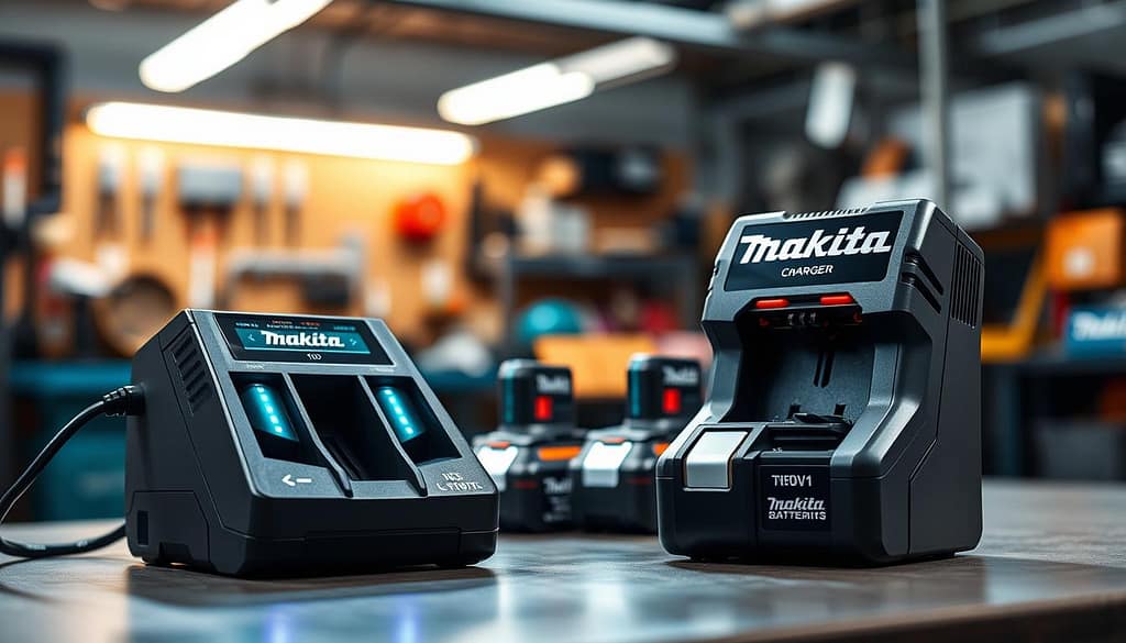 A modern Makita Rapid Optimum Charger prominently featured in the foreground, showcasing its sleek design and advanced technology. The charger is plugged in and illuminated with dynamic LED lights, indicating the rapid charging process. In the middle, a range of Makita batteries—including compact and high-capacity models—are neatly arranged beside the charger, highlighting their compatibility and innovative features. The background showcases a professional workshop environment, softly blurred, with tools and equipment subtly illuminated by overhead lights. The scene emphasizes a clean, efficient workspace, conveying a mood of professionalism and technological advancement. Lighting is bright and engaging, with a slight focal depth to create an immersive, high-quality image.