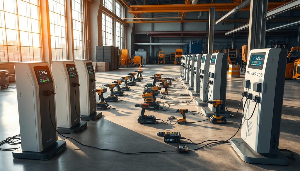A modern charging station hub designed for multiple tools in a professional environment. In the foreground, showcase sleek electric charging stations, with illuminated interfaces displaying charging statuses. The middle ground features a variety of high-tech power tools and equipment neatly arranged, all plugged into the charging stations, emphasizing load management. In the background, depict an industrial setting with large windows allowing natural light to flood in, casting soft shadows on the polished concrete floor. Use warm lighting for a welcoming atmosphere, and capture the scene using a wide-angle lens to provide an expansive view. The mood should be focused and innovative, showcasing efficiency and advanced technology in action, with no people present in the image.