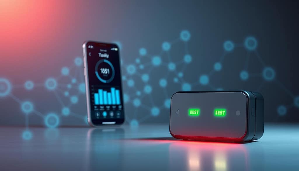 A modern, sleek Bluetooth-enabled battery monitoring device prominently displayed in the foreground, surrounded by glowing indicators of battery levels and connectivity signals. In the middle ground, visualize a smartphone showcasing a user-friendly app interface that tracks battery performance, with vibrant graphs and alerts. The background features a subtle blend of abstract tech patterns, symbolizing IoT connectivity with soft blue and green hues. Use soft, diffused lighting to create a calm, futuristic atmosphere. Capture the scene from a slightly elevated angle, emphasizing the technology's elegance and functionality. Aim for a professional and innovative mood, conveying the essence of intelligent power management in smart battery systems. A modern, sleek Bluetooth-enabled battery monitoring device prominently displayed in the foreground, surrounded by glowing indicators of battery levels and connectivity signals. In the middle ground, visualize a smartphone showcasing a user-friendly app interface that tracks battery performance, with vibrant graphs and alerts. The background features a subtle blend of abstract tech patterns, symbolizing IoT connectivity with soft blue and green hues. Use soft, diffused lighting to create a calm, futuristic atmosphere. Capture the scene from a slightly elevated angle, emphasizing the technology's elegance and functionality. Aim for a professional and innovative mood, conveying the essence of intelligent power management in smart battery systems.