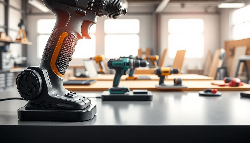 A modern workspace featuring a close-up view of a professional tool, such as a power drill or impact wrench, seamlessly docked on a sleek wireless charging pad. The foreground showcases the tool with thoughtful lighting highlighting its textured grip and sleek design, set against a smooth surface. In the middle ground, well-designed charging pads for various tools are visible, showcasing their innovative layout and compatibility. The background is a softly blurred workshop environment, illuminated with bright, natural light filtering through large windows, creating an inviting atmosphere. The image should evoke a sense of cutting-edge technology and efficiency, capturing the essence of wireless charging integration in professional tools. A modern workspace featuring a close-up view of a professional tool, such as a power drill or impact wrench, seamlessly docked on a sleek wireless charging pad. The foreground showcases the tool with thoughtful lighting highlighting its textured grip and sleek design, set against a smooth surface. In the middle ground, well-designed charging pads for various tools are visible, showcasing their innovative layout and compatibility. The background is a softly blurred workshop environment, illuminated with bright, natural light filtering through large windows, creating an inviting atmosphere. The image should evoke a sense of cutting-edge technology and efficiency, capturing the essence of wireless charging integration in professional tools.