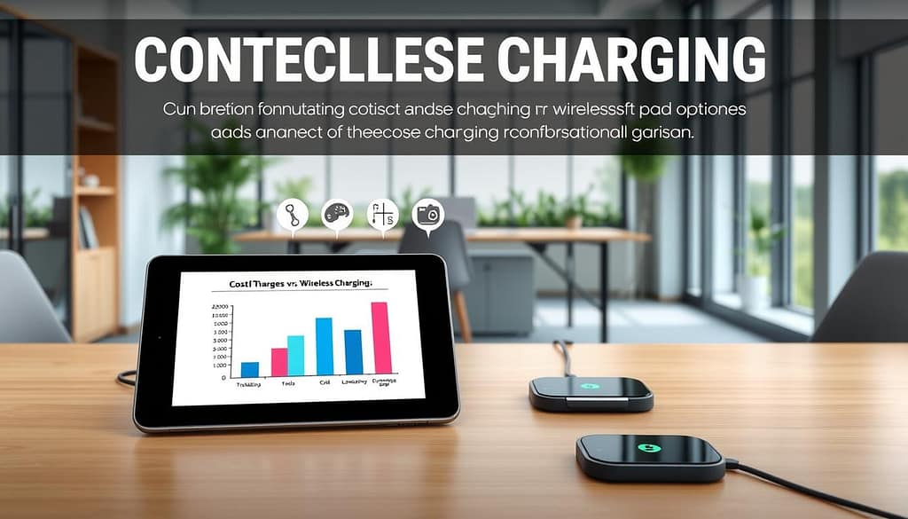 A visually engaging infographic depicting a cost-benefit analysis of contactless charging in a professional setting. In the foreground, a sleek digital tablet displays a bar graph comparing traditional charging costs versus wireless charging options, with icons of tools representing various industries around it. The middle layer features a stylish office environment with a modern desk and charging stations prominently featuring wireless pads. The background shows a large window with environmental elements like greenery, hinting at sustainability. Soft, diffused lighting illuminates the scene, creating a professional and inspiring atmosphere. The image is captured from a slightly elevated angle, enhancing the detailed presentation of data while maintaining a clean and organized composition. Ensure all elements reflect a modern, corporate aesthetic conducive to a professional audience. A visually engaging infographic depicting a cost-benefit analysis of contactless charging in a professional setting. In the foreground, a sleek digital tablet displays a bar graph comparing traditional charging costs versus wireless charging options, with icons of tools representing various industries around it. The middle layer features a stylish office environment with a modern desk and charging stations prominently featuring wireless pads. The background shows a large window with environmental elements like greenery, hinting at sustainability. Soft, diffused lighting illuminates the scene, creating a professional and inspiring atmosphere. The image is captured from a slightly elevated angle, enhancing the detailed presentation of data while maintaining a clean and organized composition. Ensure all elements reflect a modern, corporate aesthetic conducive to a professional audience.