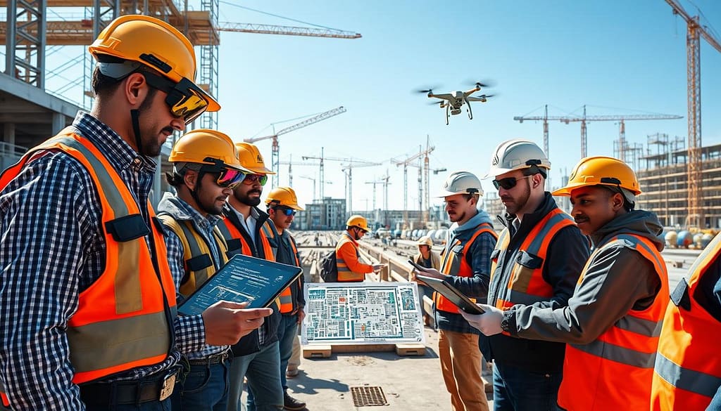 A busy construction site showcasing smart PPE use cases, featuring workers in professional attire equipped with augmented reality (AR) goggles and wearables. In the foreground, a diverse group of workers collaborates on a digital twin layout using tablets and holographic displays, observing clash checks and guided tasks. The middle ground illustrates workers inspecting structures with smart helmets that display inspection data, while drones capture overhead images. The background reveals a modern construction site with cranes and scaffolding under a clear blue sky, highlighting productivity and advanced technology. Bright, natural lighting enhances the scene, capturing the dynamic atmosphere of innovation and teamwork in construction, with a focus on safety and efficiency.