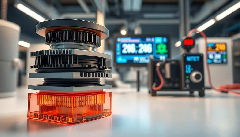 A close-up view of a sodium-ion battery, showcasing its innovative thermal management technology. In the foreground, detailed layers of the battery components are visible, including the anode and cathode, designed with intricate cooling fins and thermal insulation materials. The middle ground features a sleek, modern setting with scientific instruments that measure temperature regulation, set against a laboratory environment. In the background, a digital display shows real-time performance data, with cooler tones to emphasize efficiency. Soft, focused lighting highlights the battery’s design, while a shallow depth of field draws attention to its features. The mood is scientific and forward-looking, embodying the advancements in energy storage technology.