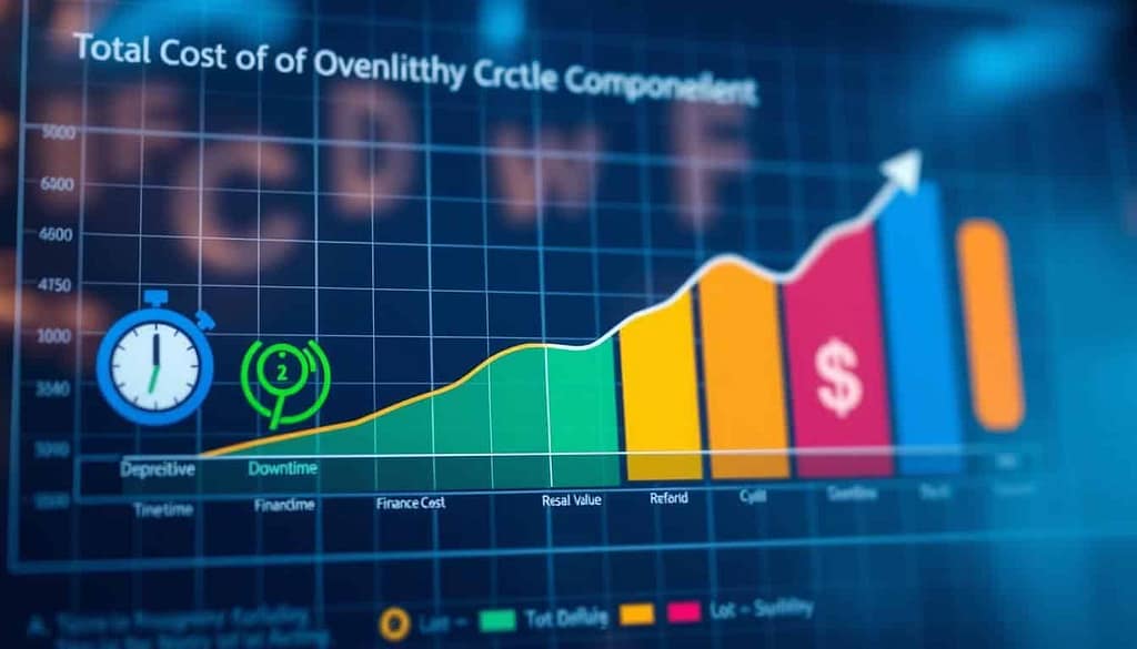 A detailed and visually engaging Total Cost of Ownership (TCO) lifecycle cost analysis chart, showcasing various components such as depreciation, downtime, finance cost, and resale value. In the foreground, distinct sections of the chart are represented with colorful, easily recognizable icons illustrating each category; for instance, a clock for downtime and a dollar symbol for finance costs. In the middle, a sleek, digital-style graph smoothly transitions between these icons, highlighting comparative data points with bold colors for emphasis. The background features a subtle grid pattern that suggests precision and analytics, with soft ambient lighting to create a professional atmosphere. The overall mood should be informative and focused, capturing the essence of financial analysis in a modern setting, aimed at business professionals.