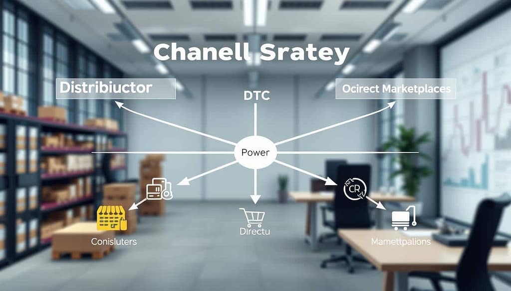 A detailed channel strategy distribution diagram, illustrating the dynamics between distributor strength, direct-to-consumer (DTC) sales, and online marketplaces. Foreground features vibrant icons representing different distribution channels, including warehouse images for distributors and e-commerce logos for marketplaces. The middle section displays an interconnected flow of arrows, showcasing relationships and interactions among channels, emphasizing the balance of power. In the background, a sleek, modern office environment with abstract graphs and charts subtly integrated into the design. Use soft, natural lighting to create a professional and engaging atmosphere, with a sharp focus emphasizing clarity and organization. The mood should convey strategic analysis and insight, suitable for a business-focused article.