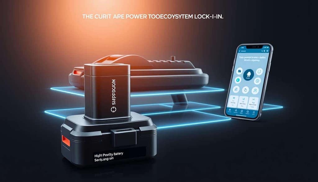 A detailed diagram showcasing a power tool ecosystem lock-in, featuring a high-quality battery, sleek charger, and an integrated mobile app interface. In the foreground, the battery is prominently displayed, showcasing its specs and design. The middle layer includes the charger with visible connections and icons representing compatibility. The background illustrates a smartphone displaying the app, with icons symbolizing software features and upgrades. Use bright, modern lighting to emphasize the technology, with a clean, professional layout. The view is slightly angled to provide depth, creating a dynamic composition that conveys innovation and connectivity, evoking a sense of futuristic advancement in tool ecosystems.