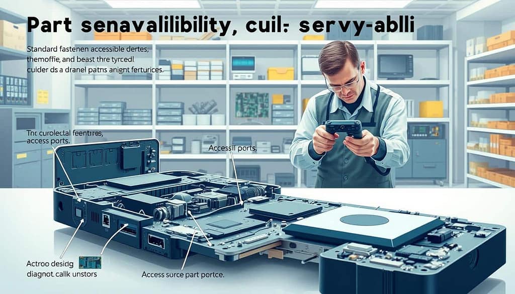 A detailed technical illustration depicting the concept of "parts availability and design for serviceability." In the foreground, showcase a disassembled electronic device, highlighting standard fasteners and accessible design features such as access ports. In the middle ground, include a close-up view of diagnostic tools in use, illustrating a technician in professional attire examining the components. The background should feature a well-organized workspace with shelves stocked with spare parts, showcasing various components essential for maintenance. Utilize soft, diffused lighting to enhance clarity and bring attention to the intricate details of the devices. The overall mood should convey professionalism and efficiency in the pursuit of repair and serviceability solutions.