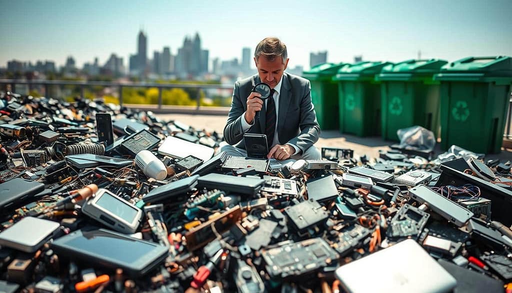 A dynamic scene depicting the concept of WEEE e-waste alongside warranty liability. In the foreground, a carefully arranged collection of discarded electronic devices like smartphones, laptops, and circuit boards, emphasizing the environmental impact of e-waste. The middle ground features a confident professional clad in business attire, inspecting a device with a magnifying glass, symbolizing the right-to-repair movement. In the background, a soft-focus cityscape and green recycling bins hint at sustainability efforts. Bright, natural daylight illuminates the scene, creating a balanced atmosphere of urgency and hope. Capture the essence of responsible repair practices, showcasing a harmonious blend of technology and environmental responsibility, with a clear, sharp focus on all elements.