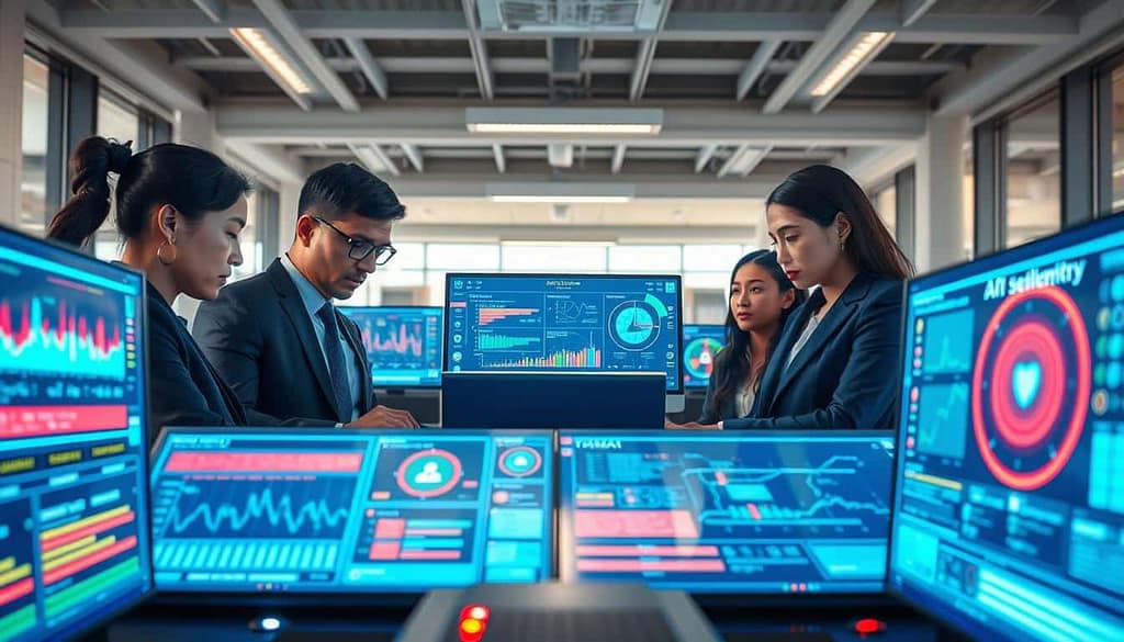 A futuristic office setting showcasing advanced AI anomaly detection tools. In the foreground, a professional, ethnically diverse team of engineers in business attire are intensely analyzing large digital screens filled with vibrant, dynamic graphs and alerts indicating false positives and biases. In the middle layer, sleek, high-tech computers with illuminated interfaces display telemetry data and privacy measures. The background features a modern, open workspace with large windows, allowing natural light to flood the room, casting a soft glow on the team as they collaborate. Use a wide-angle lens perspective to capture both the intricate details of the screens and the engaged expressions of the team members, creating a focused yet innovative atmosphere, emphasizing the balance between technology and human oversight.
