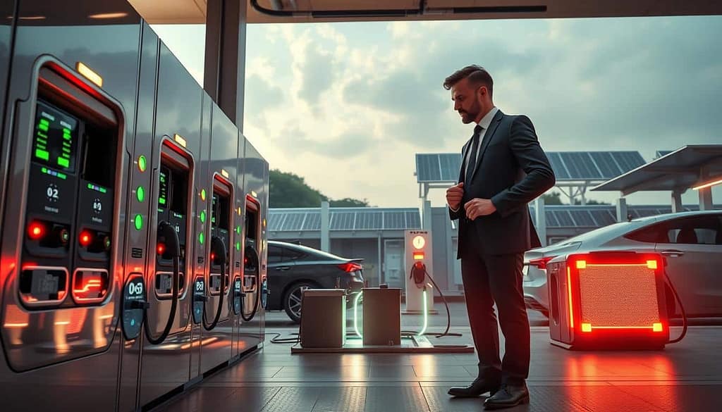A futuristic sodium-ion battery charging ecosystem, showcasing a sleek multi-bay charging station with multiple charging ports. In the foreground, a professional in business attire inspects the charging bays, emphasizing a modern design with illuminated indicators and connectors. In the middle ground, various sodium-ion batteries are being charged, with energy flow visualized through glowing lines. The background features a high-tech environment with electric vehicle charging and solar panels, bathed in ambient daylight to convey sustainability. The perspective is slightly low-angle to emphasize the station's height and innovation, creating a sense of advancement. The mood is optimistic, evoking the transition to next-generation energy solutions.