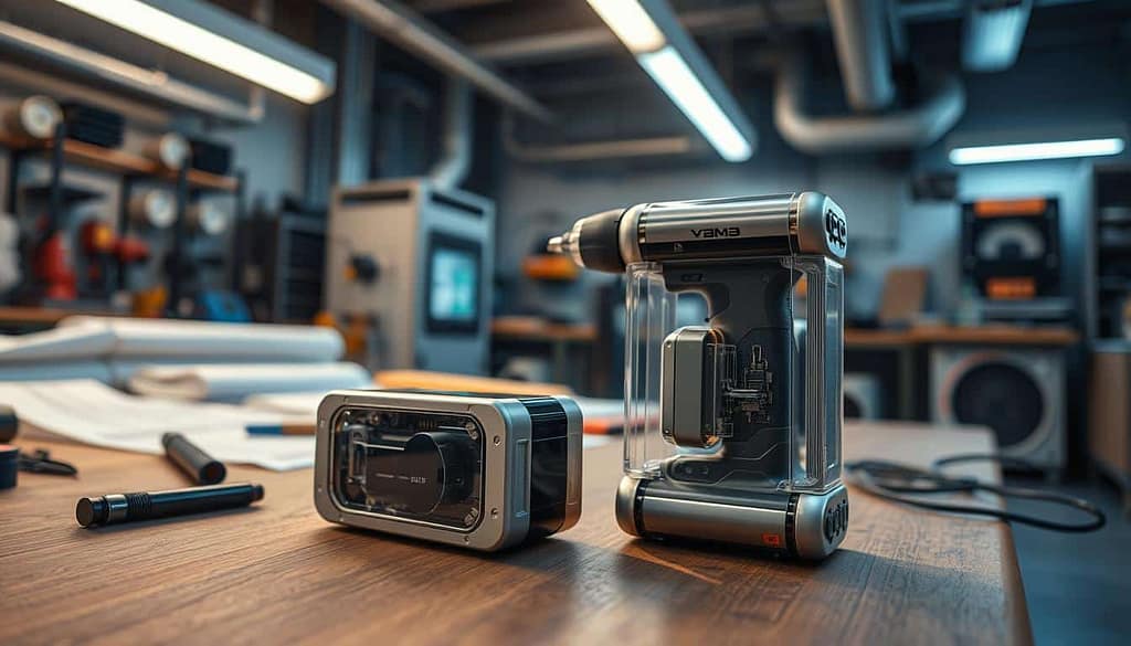 A futuristic workspace focused on solid-state batteries designed for power tools. In the foreground, a detailed close-up of a sleek, modular solid-state battery, showcasing its compact design with shiny metallic finish and transparent casing revealing intricate internal components. The middle ground features an advanced power tool, like a drill or saw, powered by this innovative battery, positioned on a woodwork bench amidst tools and blueprints. The background includes a well-lit, modern workshop with high-tech equipment and cooling architecture, evoking a sense of advanced technology. Soft, ambient lighting highlights the features of the battery and tools, while providing a clean and professional atmosphere, emphasizing progress and innovation in battery technology.