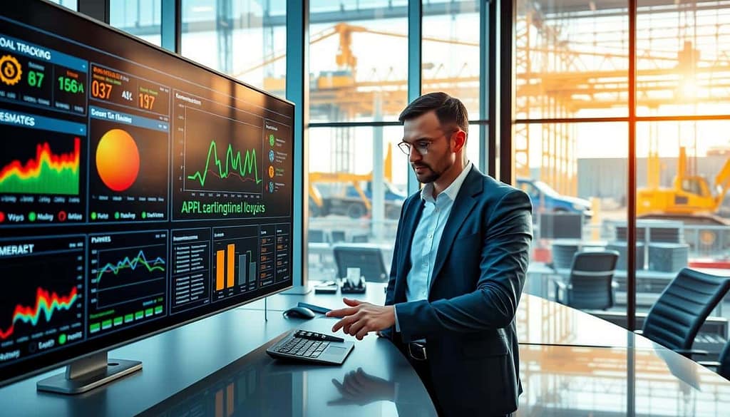 A high-tech API integration and Real-Time Location System (RTLS) dashboard interface displaying dynamic data flow in a modern control room environment. In the foreground, sleek digital displays showcase colorful graphs, flowcharts, and real-time data streams representing tool tracking and telematics. The middle layer features a professional-looking business analyst, clad in a smart casual outfit, focused on the screens, interacting with the data through touchscreen technology. In the background, large windows reveal a connected jobsite bustling with construction activity. The lighting is bright and clean, emphasizing a futuristic atmosphere, with reflections on glass surfaces enhancing the high-tech feel. A wide-angle lens perspective captures the comprehensive overview of the space, showcasing the seamless integration of technology in modern project management.