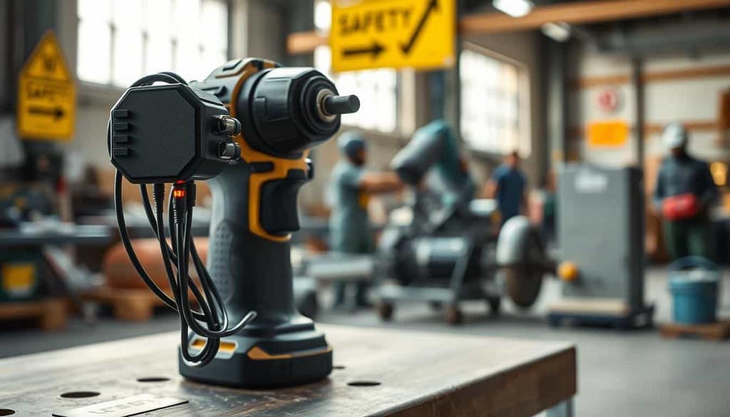 A high-tech, close-up scene showcasing a predictive safety AI monitoring system for power tools, with a focus on vibration and load sensors. In the foreground, the sleek sensors are prominently displayed, featuring intricate wires and LED indicators, set against a backdrop of a modern industrial workspace. The middle ground includes a power tool, such as a drill or saw, equipped with these sensors, demonstrating advanced technology integration. The background reveals a blurred workshop with safety signs and machinery, emphasizing a professional atmosphere. Natural lighting filters through the workspace windows, casting soft shadows, while the angle captures the detail of the sensors in sharp focus, evoking a sense of innovation and safety in tool usage. The mood is one of seriousness and technological advancement.