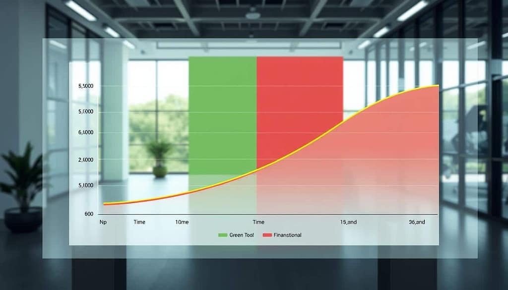 A highly detailed ROI analysis chart on a modern digital interface, showcasing a comparison between green tool ROI and conventional tool lifecycle costs. In the foreground, the chart features two distinct curves: the green tool represented in vibrant green, displaying lower lifecycle costs, while the conventional tool is depicted in muted red tones, indicating higher costs. The middle section includes clear labels for each axis, denoting time and financial metrics, alongside sleek graphical elements like colored icons symbolizing tools. In the background, a subtle, high-tech office environment with large windows allowing natural light to flood in, creating an optimistic atmosphere. The scene captures a sense of professionalism, emphasizing sustainability and innovation. No text or distractions present.