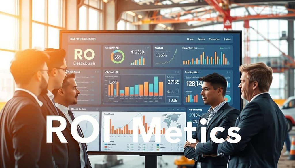 A modern and sleek ROI metrics dashboard, prominently displayed on a large screen in a high-tech construction site environment. In the foreground, a group of diverse professionals in business attire, deeply engaged in analyzing the dashboard, showcasing expressions of concentration and collaboration. The mid-ground features a highly detailed dashboard filled with graphs, charts, and numerical data reflecting key metrics like loss reduction, utilization lift, and downtime avoided. The background reveals a bustling jobsite with cranes and construction equipment, bathed in natural daylight streaming through large windows. The atmosphere is energetic and forward-looking, emphasizing innovation and teamwork in the realm of connected jobsite technology. The composition is shot from a slightly angled perspective to create depth, with a focus on the professionals’ interactions with the dashboard.