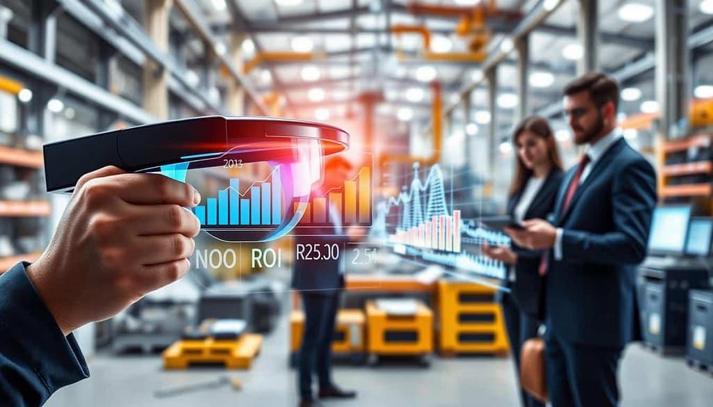 A sleek, futuristic AR wearable device is prominently displayed in the foreground, showcasing its transparent interface with vibrant, interactive graphs and data points reflecting ROI calculations. In the middle, a blurred digital twin of a manufacturing facility is rendered, symbolizing efficiency and productivity gains. The background features a bright, well-lit industrial workspace with professionals in smart business attire actively collaborating, analyzing data on tablets and screens, encapsulating a high-tech atmosphere. The lighting is bright and focused, highlighting the AR wearables and digital interfaces, while the camera angle is slightly elevated, providing a comprehensive view of the scene. The mood conveys innovation, cooperation, and forward-thinking in optimizing field productivity with a sense of urgency toward efficiency.