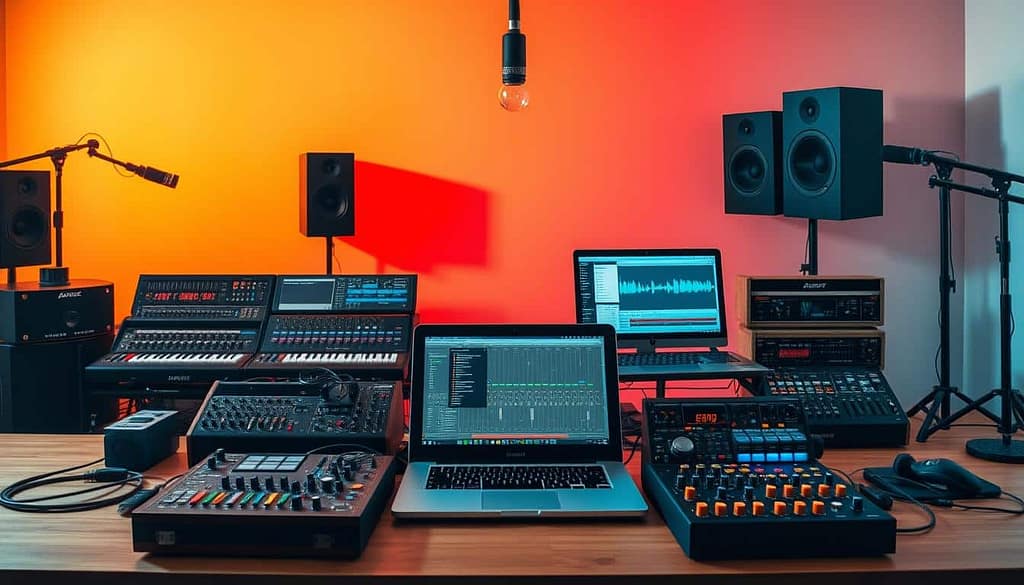 A visually striking comparison between prosumer and professional audio tools. In the foreground, an organized workspace features high-end DIY equipment like modular synthesizers and user-friendly recording interfaces, showcasing rich textures and vibrant colors. To the left, a dedicated professional setup displays sleek mixing consoles and advanced microphones, exuding precision and sophistication. In the middle ground, an open laptop with audio editing software highlights the blend of both worlds. The background features a subtle gradient from warm to cool tones, symbolizing the convergence of prosumer and pro technologies. The lighting is soft yet dynamic, casting gentle shadows that evoke a creative atmosphere. The scene captures the intersection of premium DIY culture and entry-level professional equipment, reflecting innovation and evolution in the audio industry.