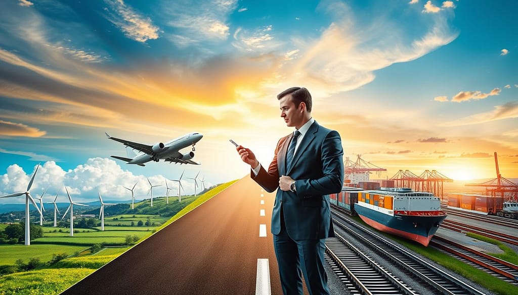A visually striking image illustrating the tradeoff between sustainability and speed in supply chains. In the foreground, a business person in professional attire is analyzing two contrasting paths: one representing air transport with a sleek, modern aircraft emphasizing speed, and the other depicting a cargo ship and train symbolizing sustainability. The middle ground showcases vibrant green landscapes and industrial settings, with wind turbines and solar panels indicating eco-friendliness juxtaposed with bustling ports and railway tracks. The background features a dynamic sky transitioning from bright daylight over the air route to a serene sunset over the sea/rail route. Soft, natural lighting highlights the details, creating a thoughtful, contemplative atmosphere. The overall mood is one of strategic decision-making in logistics, emphasizing the balance between efficiency and environmental impact.