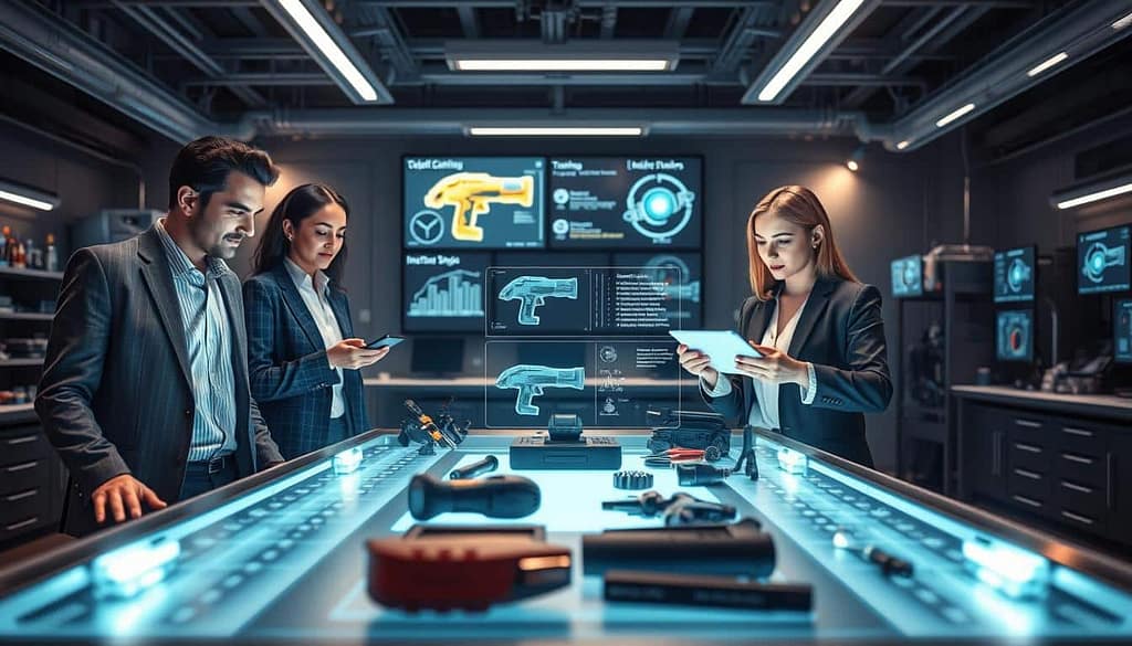 A futuristic workspace showcasing smart tool interfaces augmented by reality. In the foreground, a diverse group of three professionals—two men and one woman—are engaging with holographic displays projecting tool specifications and interactive elements, all wearing professional business attire. In the middle ground, a sleek workbench is equipped with advanced tools, highlighted by a gentle blue glow to emphasize innovation. The background features a high-tech environment with digital screens displaying training simulations and insightful data analytics. Soft, ambient lighting creates a futuristic vibe, capturing the essence of advanced technology in tool training. The composition includes a low-angle shot to enhance the feeling of depth and immersion, creating an engaging atmosphere that reflects expertise and collaboration in the AR field.