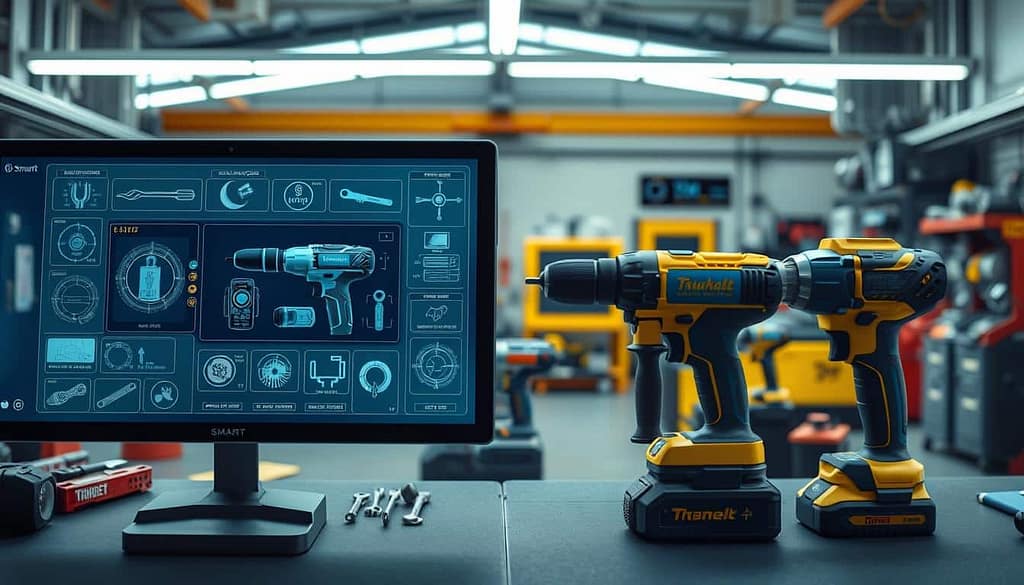 A high-tech workspace showcasing a side-by-side comparison of smart tool interfaces from various manufacturers. In the foreground, display sleek digital screens with augmented reality overlays that highlight the unique features of each tool, like touch controls and 3D visualizations. The middle layer should include realistic representations of the tools themselves—power drills, wrenches, and levelers—modernized with smart connectivity features. The background features a well-lit, contemporary workshop environment equipped with advanced machinery, giving a sense of innovation and professionalism. Use soft yet vibrant lighting to emphasize the technological details, captured from a slightly angled perspective to create depth. The overall mood should evoke a sense of advancement and improvement in tool training.
