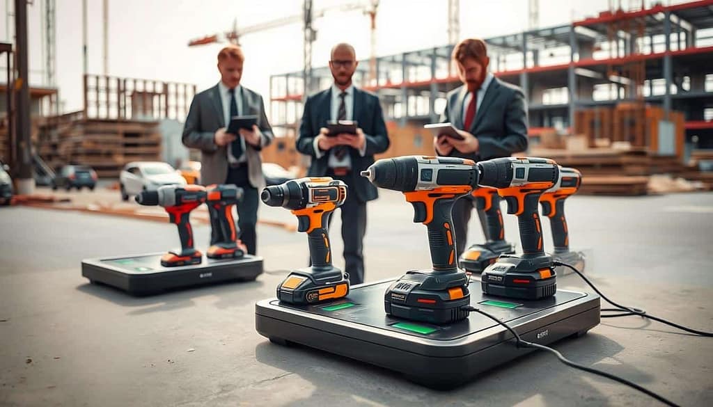 A professional field trial showcasing wireless charging tools in action. In the foreground, a high-tech wireless charging pad is prominently displayed, with several professional-grade power tools placed on it, exhibiting seamless charging. The middle ground features technicians dressed in professional business attire, interacting with tablets and monitoring devices, observing the charging status and performance metrics. In the background, a construction site is visible, emphasizing an active working environment. Soft, natural daylight illuminates the scene, highlighting the tools and the technicians' focused expressions, while a shallow depth of field keeps the background slightly blurred, creating a sense of immediacy and engagement with the trial. The overall mood is one of innovation and collaboration in a modern industrial setting.