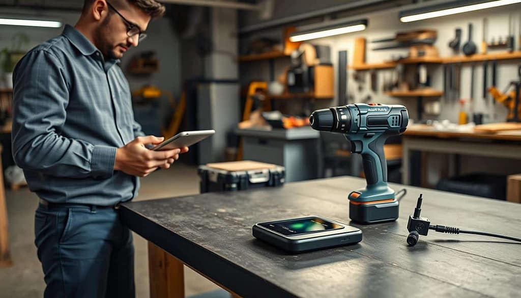 A professional setting showcasing an engineer in smart casual attire conducting real-world testing of contactless charging technology. In the foreground, the engineer stands with a tablet in hand, focused on the device laid out on a sturdy workbench. The middle layer features a sleek wireless charging pad and a high-tech power tool equipped for testing, with visible indicators showing charging progress. The background reveals an organized workshop with various professional tools and soft lighting, enhancing the industrious atmosphere. The scene is shot from a slightly elevated angle, creating depth and emphasizing the innovative process. The mood is dynamic and focused, illustrating advanced technology in action, ideal for showcasing wireless power transfer in a professional environment.