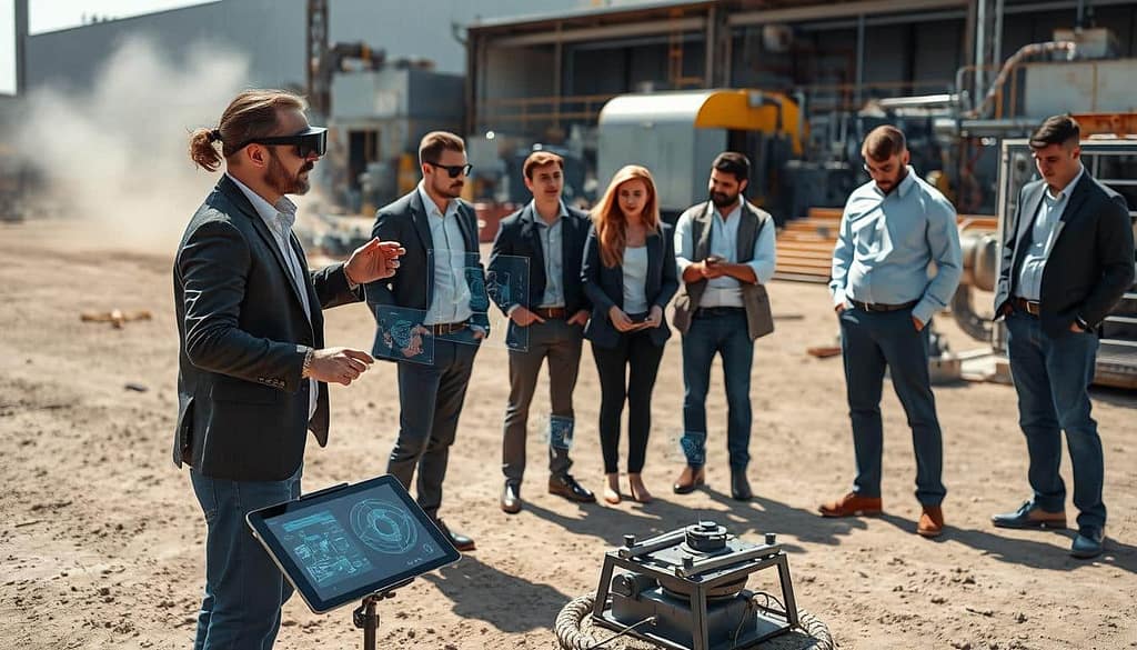 A professional training environment showcasing a group of individuals engaged in augmented reality (AR) field testing. In the foreground, two people wearing smart glasses are interacting with virtual overlays that display digital schematics of machinery, while a tablet rests on the ground, showing connection data. In the middle, a diverse team in business casual attire examines equipment on a dusty outdoor site, with AR data visualizations floating around them. The background features a modern industrial landscape with machinery and tools, partially obscured by a slight haze, suggesting an active testing atmosphere. The scene is illuminated by natural sunlight, creating a realistic and dynamic feel, as if capturing an important moment in a progressive training program.