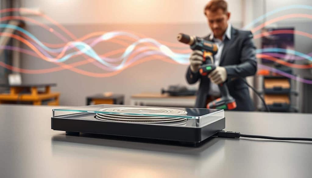 An illustration showcasing the principles of inductive charging for wireless power transfer. In the foreground, a sleek, modern inductive charging pad positioned on a smooth surface, with detailed coils visible beneath a transparent cover. In the middle ground, a professional technician in smart casual attire is demonstrating a power tool equipped with a compatible charging receiver. The background consists of an abstract representation of electromagnetic fields, depicted through vibrant, flowing lines, illustrating energy transfer. The lighting is bright and focused, simulating a high-tech workshop atmosphere. The angle captures the products from a slightly elevated perspective to emphasize both the charging technology and the tool in use. The mood conveys innovation and advancement in technology.