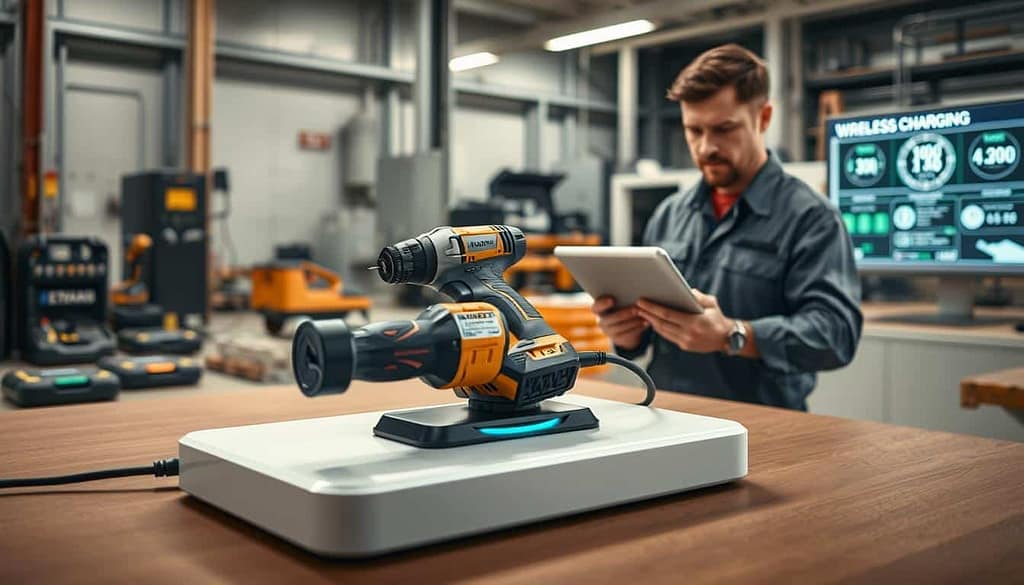 An image depicting the limitations of contactless charging alignment in a professional tool environment. In the foreground, illustrate a sleek, modern wireless charging station with a power tool partially aligned but missing the ideal charging position. In the middle ground, show a technician in professional attire examining the alignment using a tablet, with a look of curiosity and concern. The background should feature an industrial workspace with subtle details like charging pads, power tools, and a digital screen displaying wireless charging metrics. Use soft, focused lighting to create a technical and analytical atmosphere, with a slight depth of field to emphasize the technician and the charging station. The color palette should be neutral with highlights to emphasize the technology.