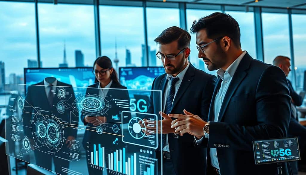A futuristic office environment bustling with activity, showcasing an expert analysis of 5G tool networks. Foreground features a diverse team of three professionals, two men and one woman, dressed in business attire, focused on interactive holographic displays illustrating 5G connectivity diagrams and tool integration models. In the middle ground, several large screens showcase real-time data analytics and network performance metrics, illuminated by soft LED lighting. The background reveals a modern city skyline through expansive windows, with dynamic 5G tower outlines subtly visible. The mood is vibrant yet professional, portraying a sense of collaboration and innovation. Use natural lighting to enhance the technology's sleek design, captured from a slightly elevated angle for depth.