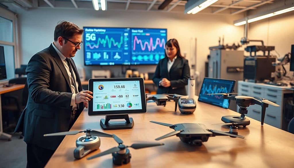 A high-tech workspace showcasing early evaluations of 5G-enabled tools. In the foreground, a diverse team of three professionals dressed in smart business attire is engaged in a discussion around a sleek digital tablet displaying performance metrics and connectivity stats. The middle ground features advanced gadgets like 5G-connected drones, smart sensors, and interactive displays, showcasing their innovative features. The background includes a modern laboratory with high-tech equipment and a large screen displaying dynamic graphs of network performance. Soft, focused lighting highlights the tools while creating a professional and collaborative atmosphere, emphasizing the impact of 5G connectivity on next-generation tool ecosystems. The angle captures the interaction among the team, conveying a sense of discovery and innovation.