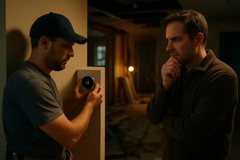 Electrician testing a wall box while a homeowner reviews a device list nearby