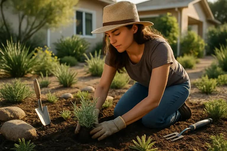 Contractor and homeowner reviewing planting zones beside a patio