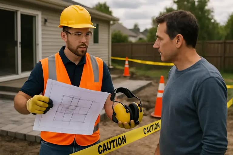 Homeowner and contractor marking project areas on an exterior plan